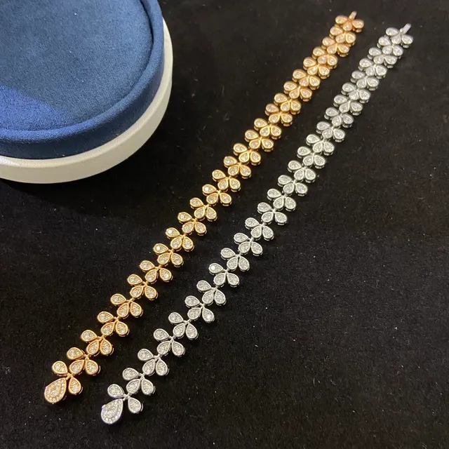 Gold Silver Floral Motif Pavé-Set Teardrop Links Bracelet 2