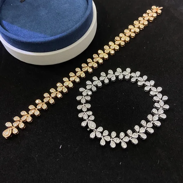 Gold Silver Floral Motif Pavé-Set Teardrop Links Bracelet 3