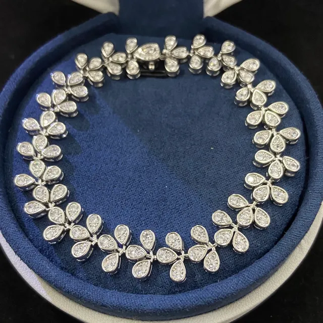 Gold Silver Floral Motif Pavé-Set Teardrop Links Bracelet 5