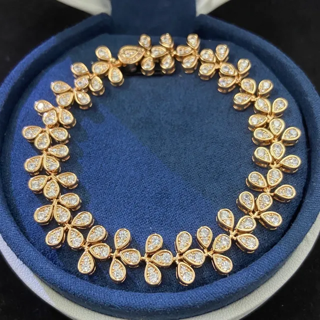 Gold Silver Floral Motif Pavé-Set Teardrop Links Bracelet 6