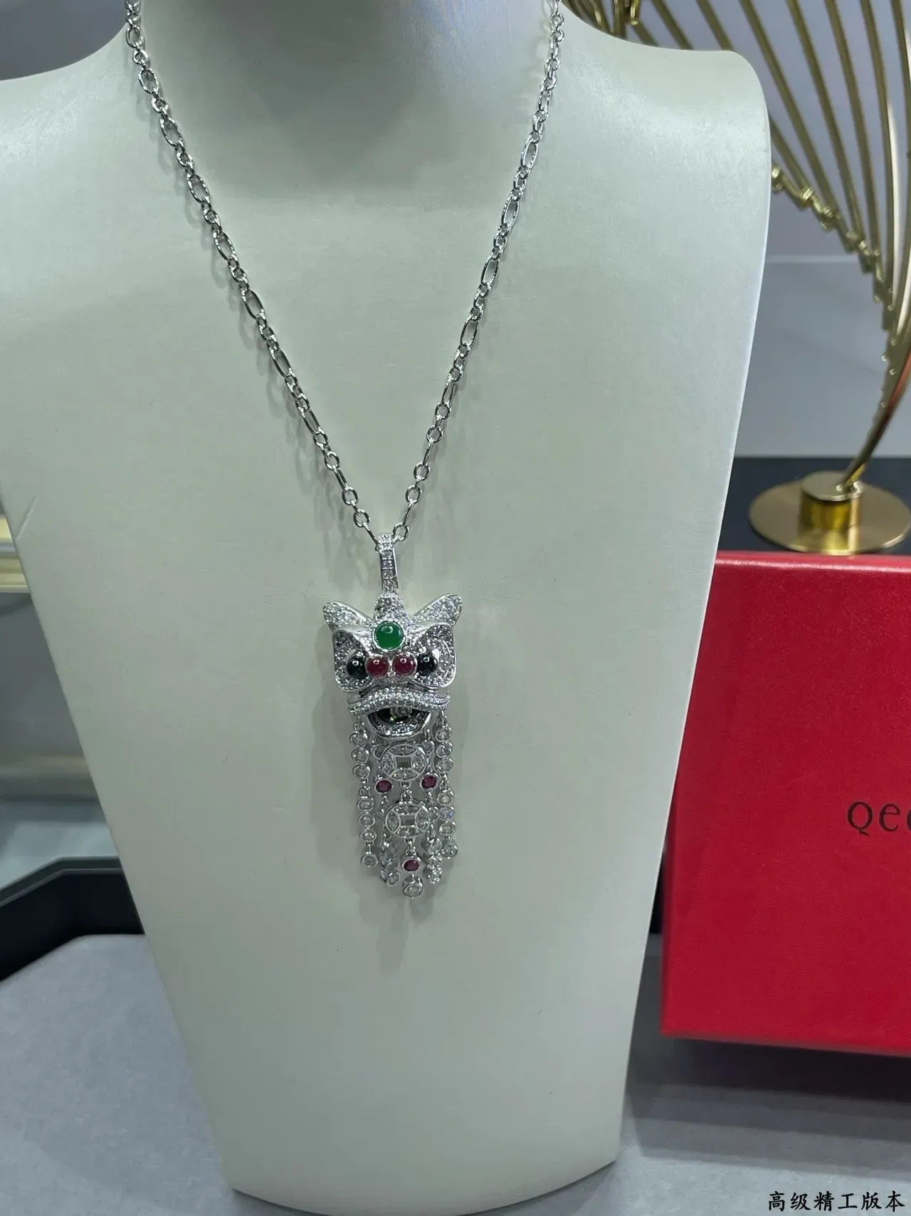 Gold Silver Lion-Head Motif Pendants Multi-Gemstone Pavé Setting Necklace 7
