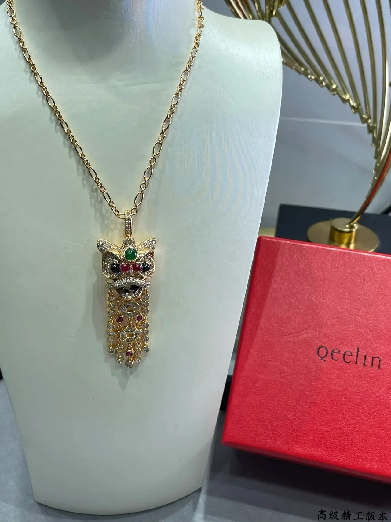 Gold Silver Lion-Head Motif Pendants Multi-Gemstone Pavé Setting Necklace 8