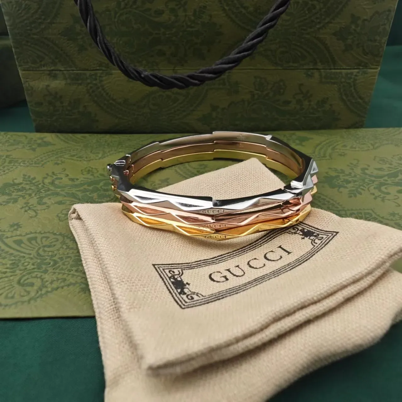Gold Silver Segmented Geometric Bamboo-Inspired Bracelet 6