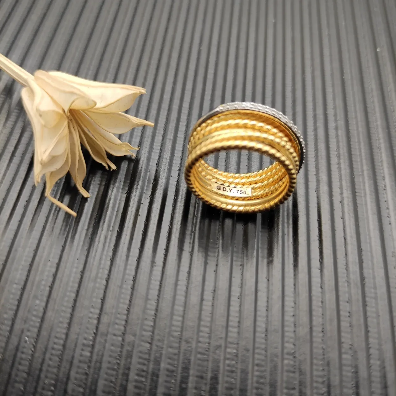 Gold Silver Twisted Rope Texture Diamond-Paved Band Ring 7
