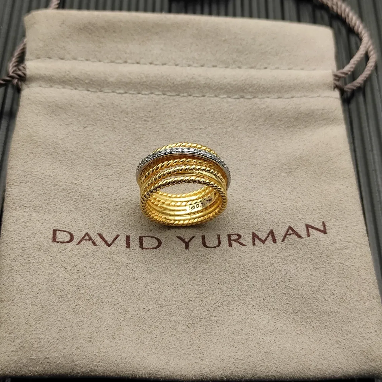 Gold Silver Twisted Rope Texture Diamond-Paved Band Ring 9