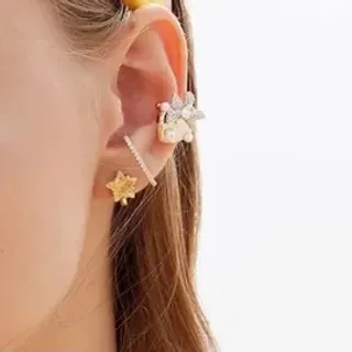 Gold Star Stud and Crystal Floral Cuff Earrings