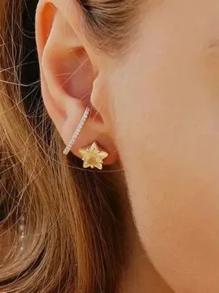 Gold Star Stud and Crystal Floral Cuff Earrings 3