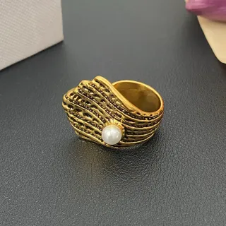 Gold Textured Shell-Inspired Band Single Pearl Accent Ring