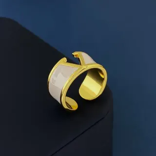 Gold-Tone and White Enamel Open-Shank Geometric Ring