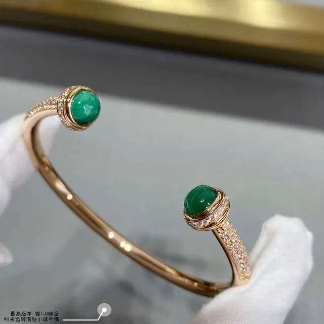 Gold-Tone Cabochon Gemstone Pavé Diamond Halo Open Bangle Bracelets 5