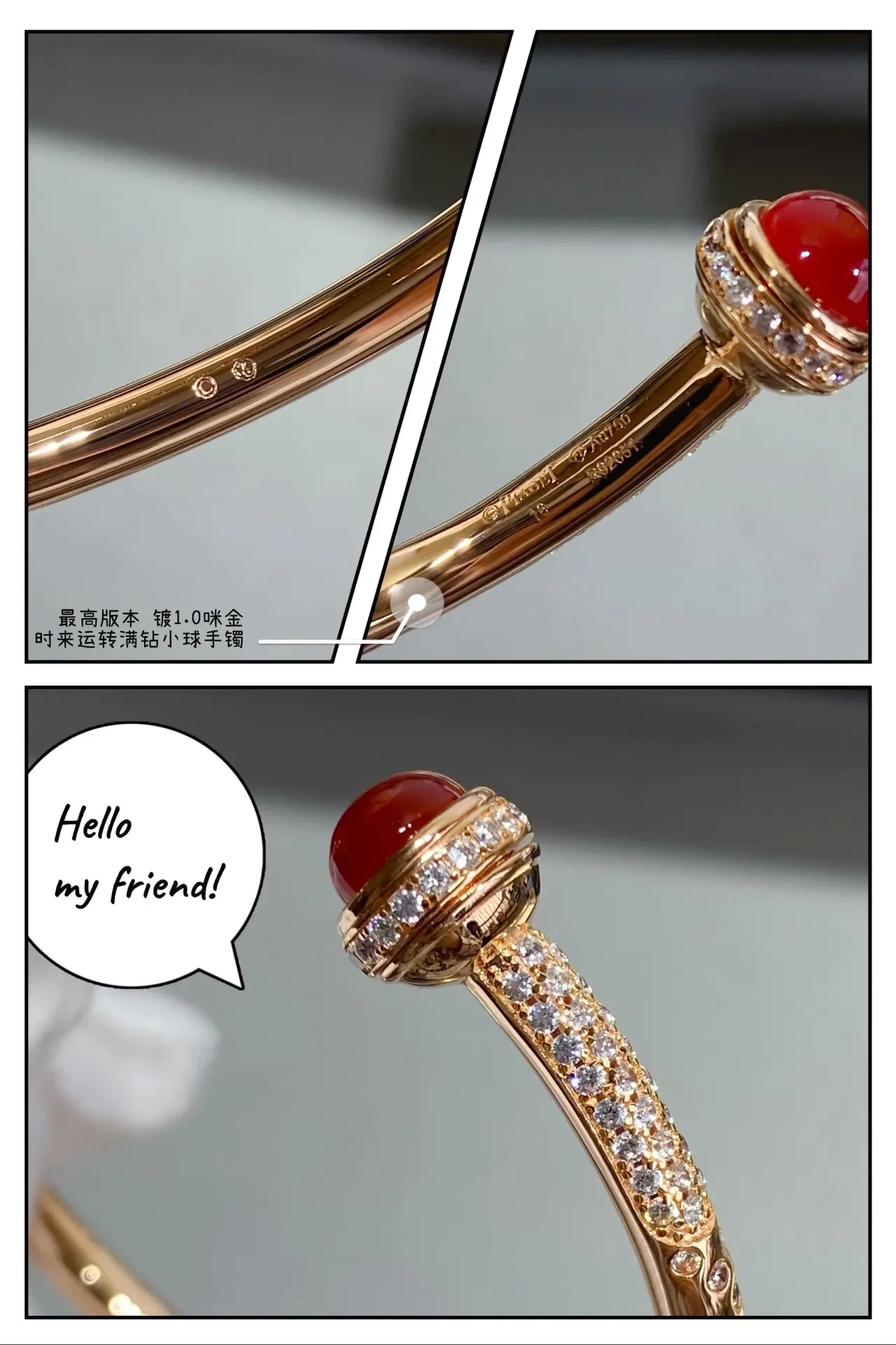 Gold-Tone Cabochon Gemstone Pavé Diamond Halo Open Bangle Bracelets 6