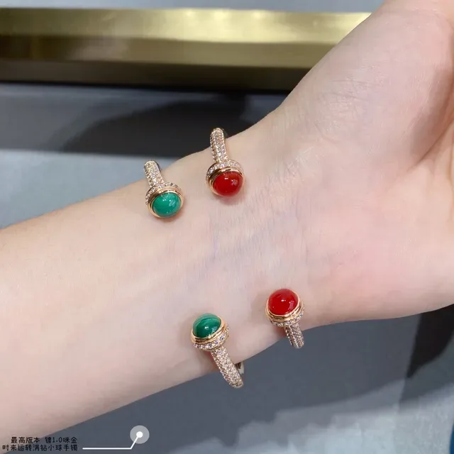 Gold-Tone Cabochon Gemstone Pavé Diamond Halo Open Bangle Bracelets 8