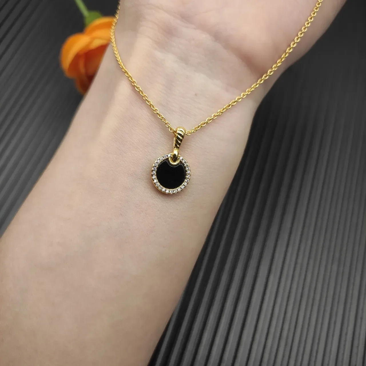 Gold-Tone Circular Black Disc Pavé Necklace 6