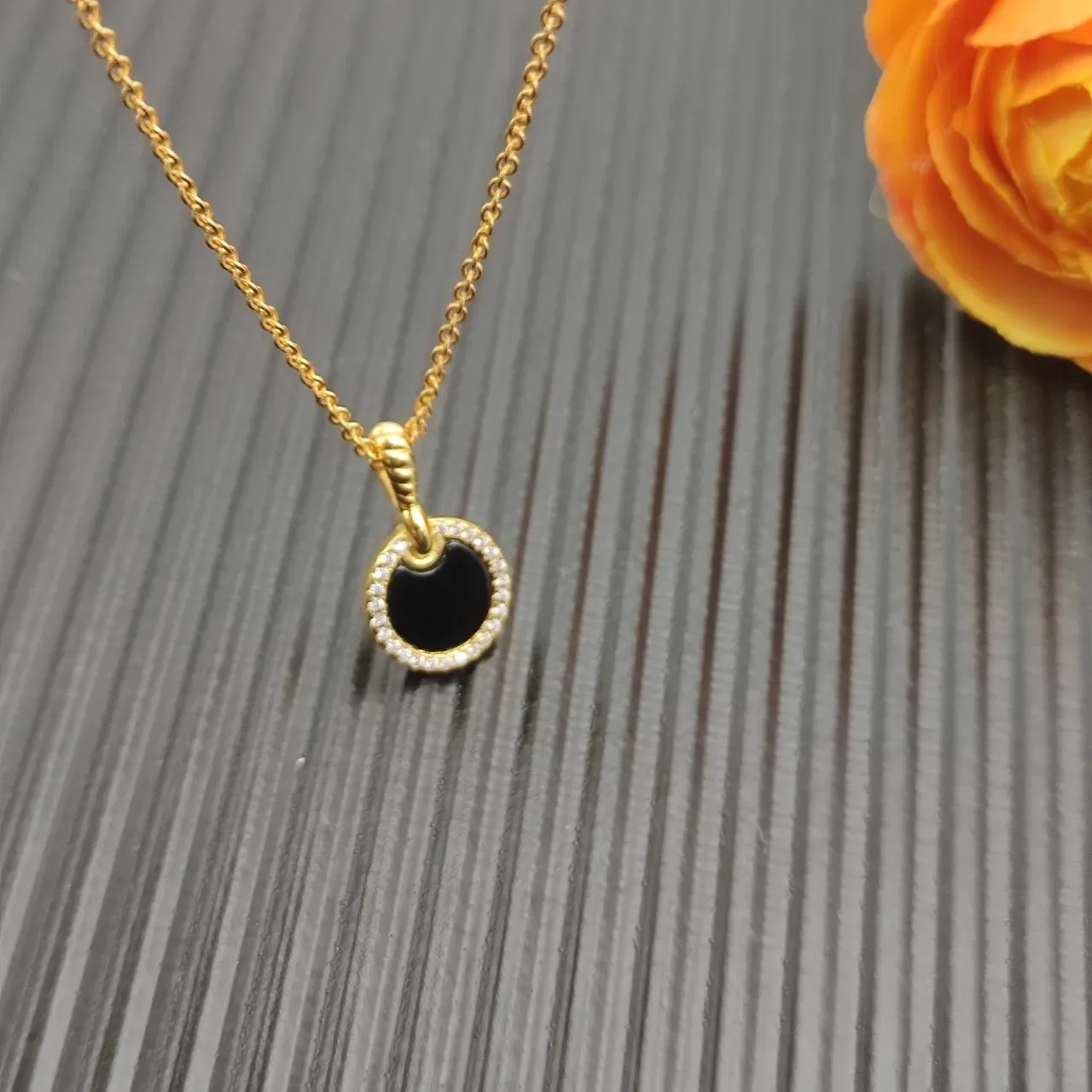 Gold-Tone Circular Black Disc Pavé Necklace 7