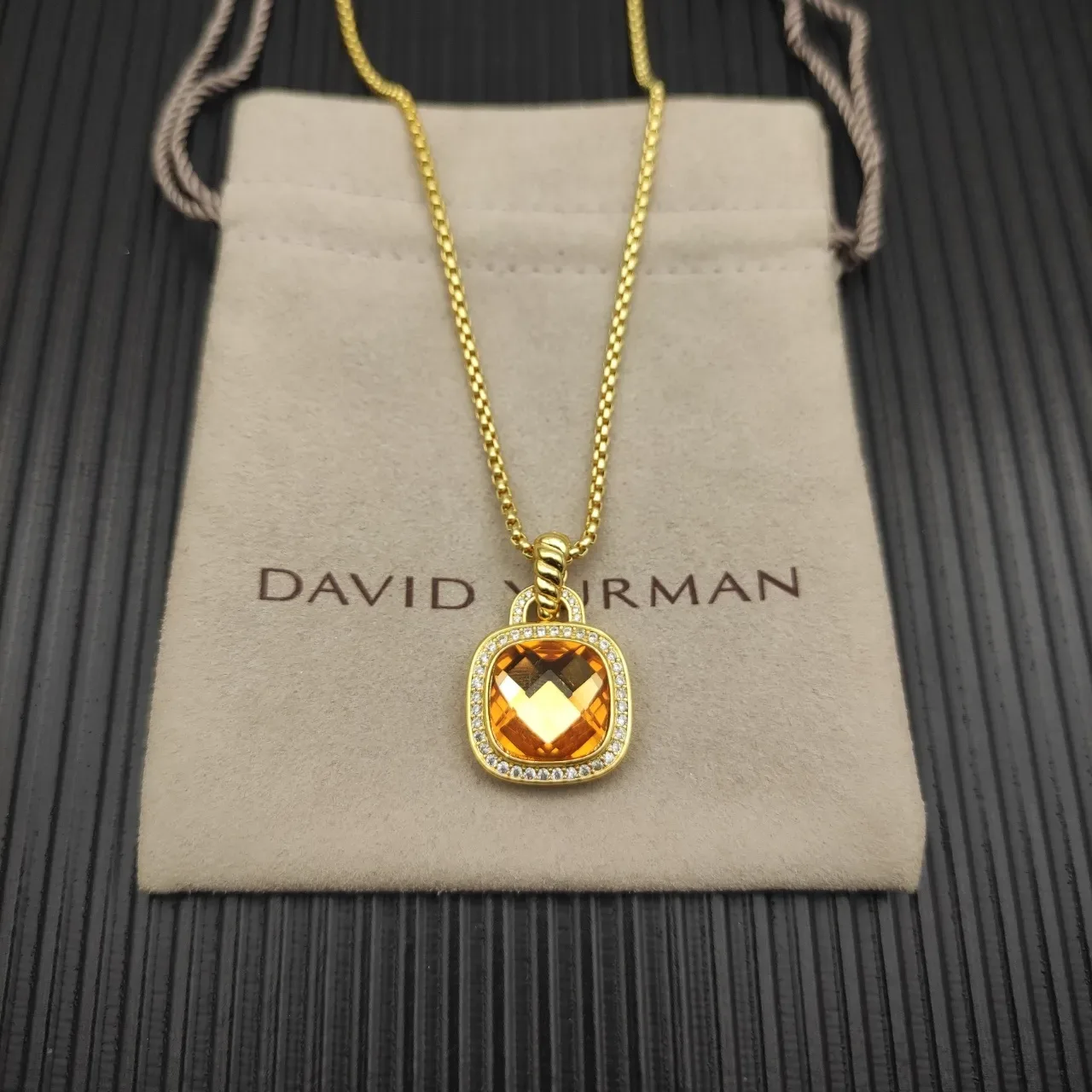 Gold-Tone Cushion-Cut Orange Gemstone Pave Necklace 5