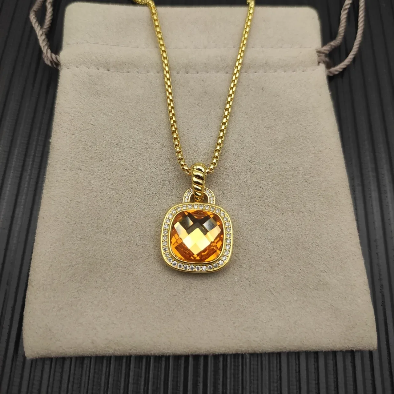 Gold-Tone Cushion-Cut Orange Gemstone Pave Necklace 6