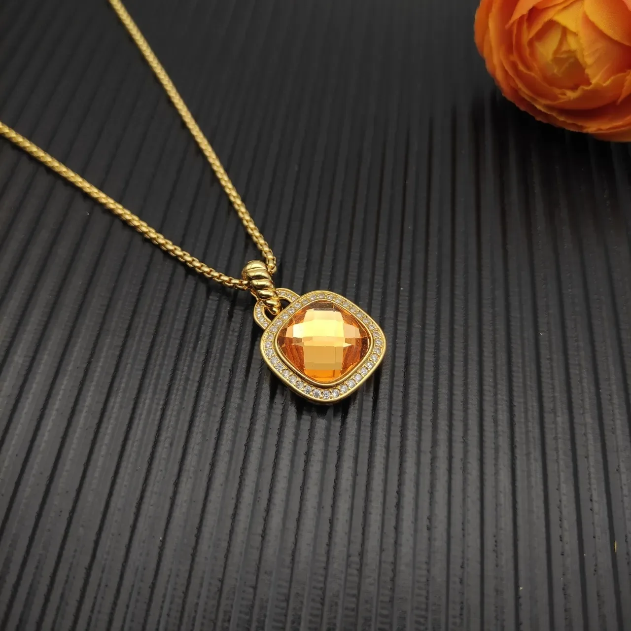 Gold-Tone Cushion-Cut Orange Gemstone Pave Necklace 7