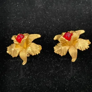 Gold-Tone Floral Red Cabochon Earrings