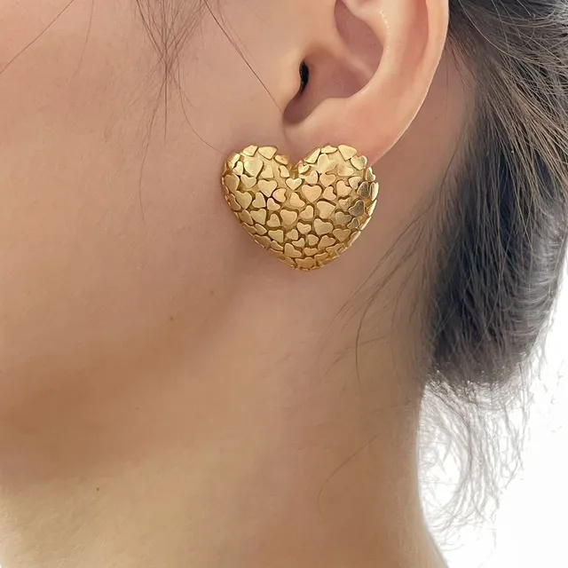 Gold-Tone Heart Mosaic Textured Stud Earrings 8