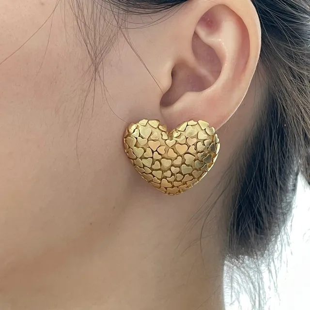 Gold-Tone Heart Mosaic Textured Stud Earrings 9