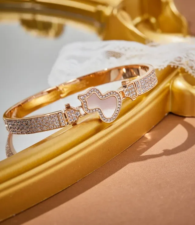 Gold-Tone Pavé-Set Enamel Heart Hinged Bangle Bracelet 8