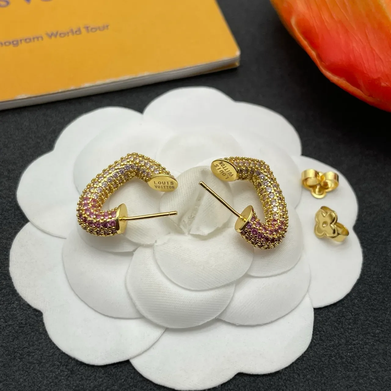 Gold-Tone Pave-Set Pink and Purple Crystal Curved C-Shaped Earrings 3