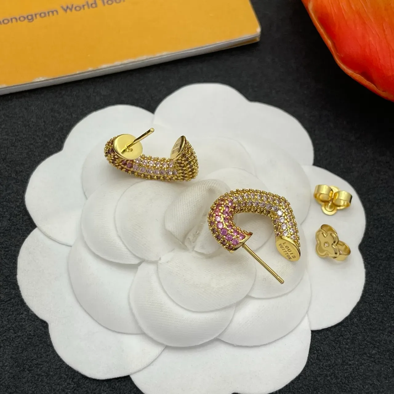 Gold-Tone Pave-Set Pink and Purple Crystal Curved C-Shaped Earrings 4