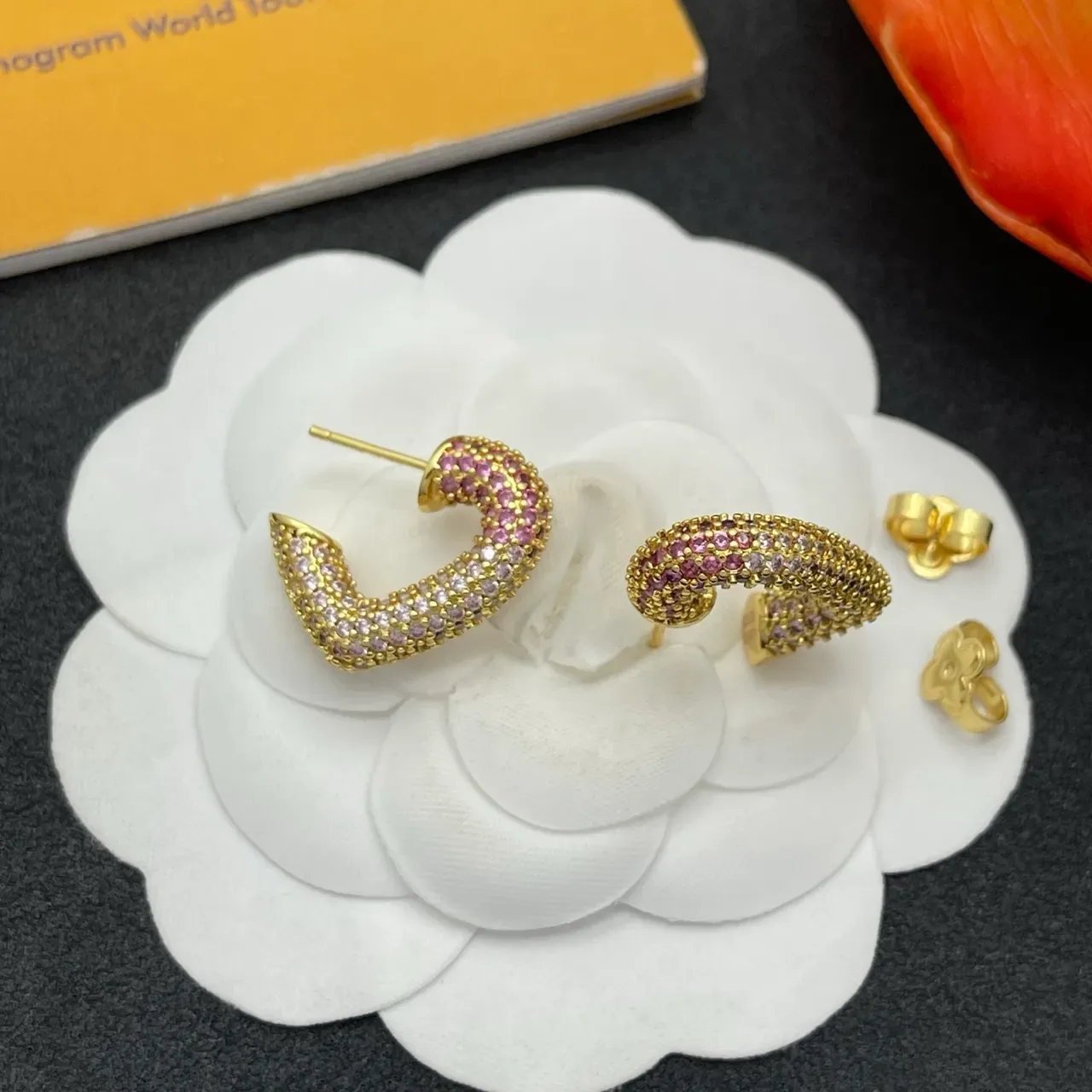 Gold-Tone Pave-Set Pink and Purple Crystal Curved C-Shaped Earrings 5
