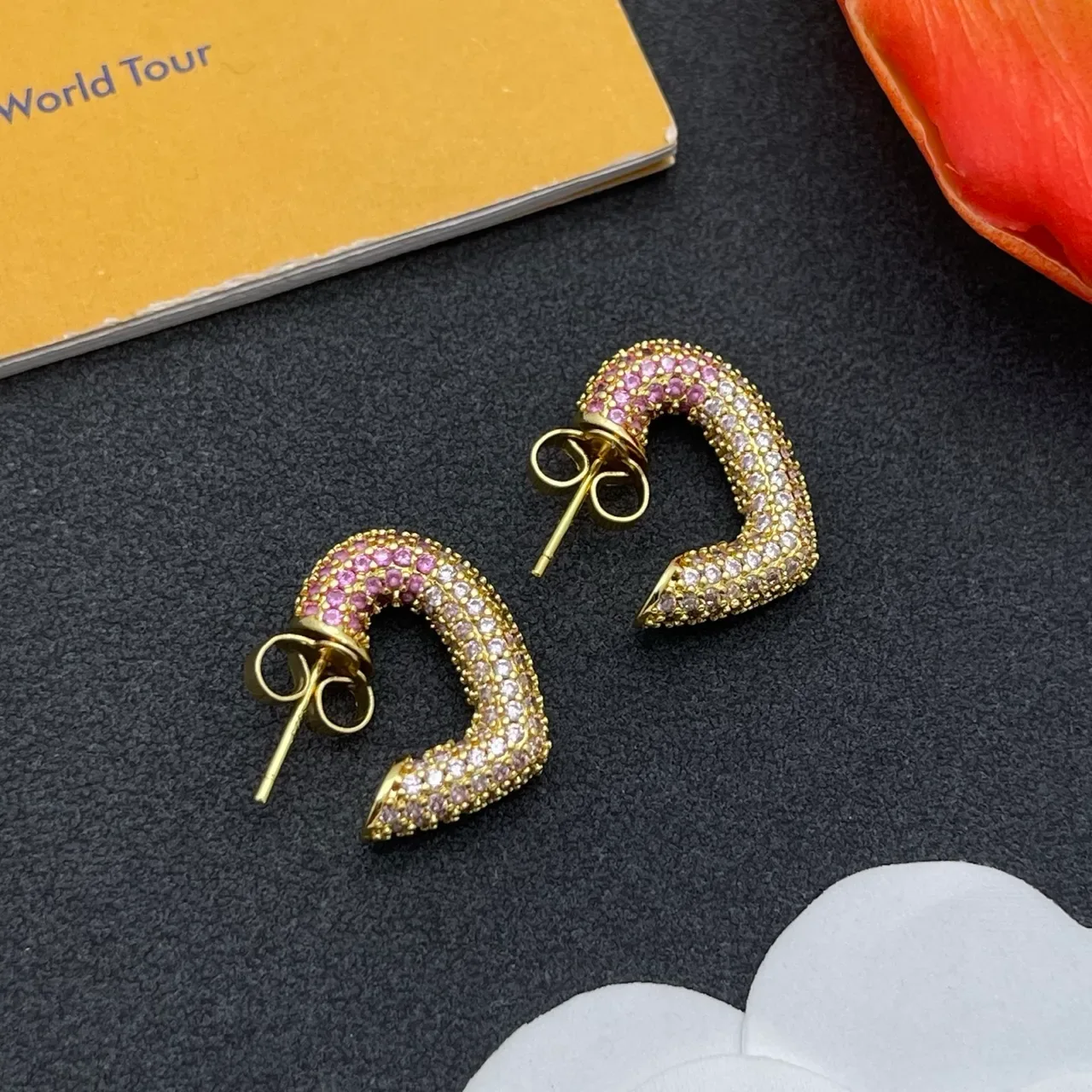 Gold-Tone Pave-Set Pink and Purple Crystal Curved C-Shaped Earrings 6