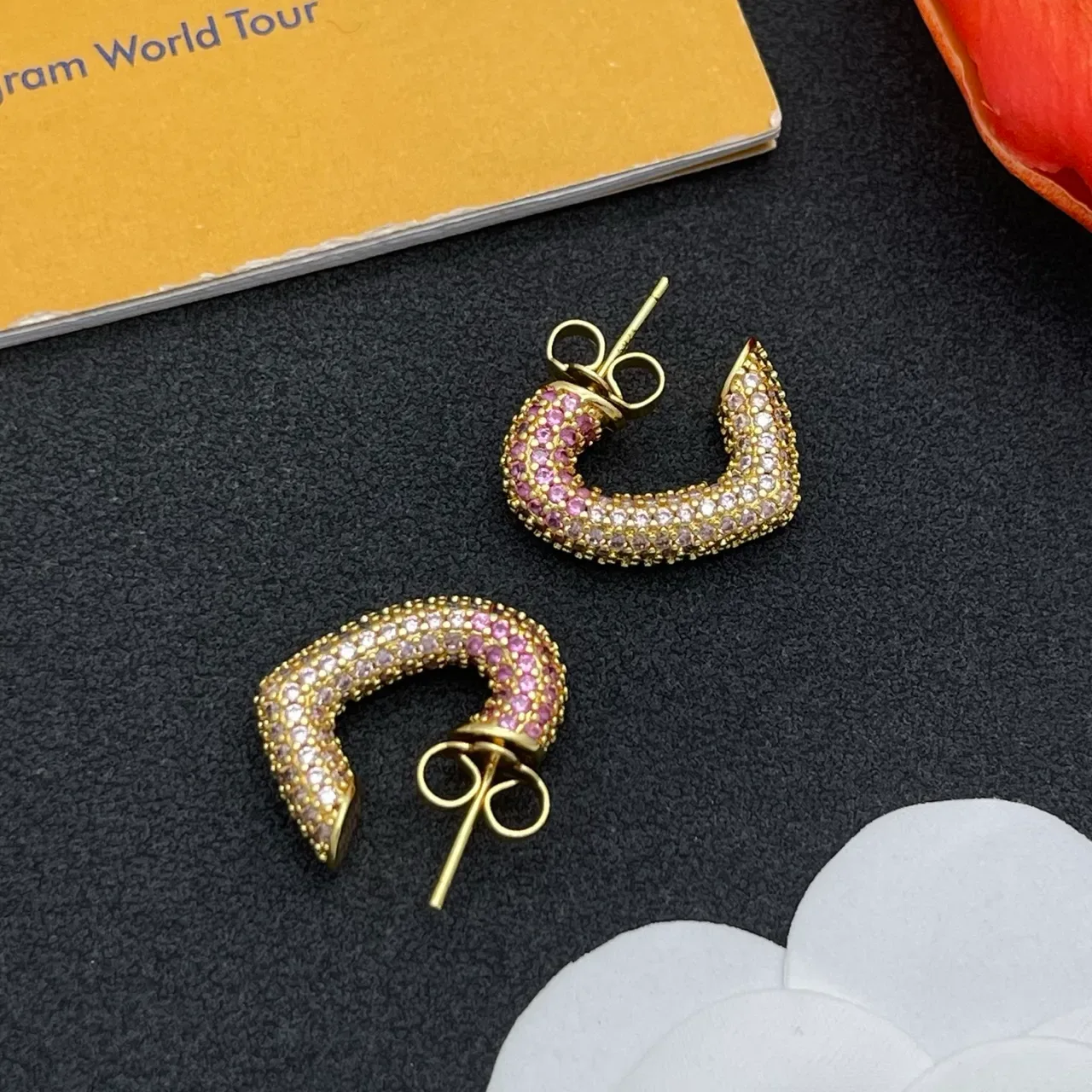 Gold-Tone Pave-Set Pink and Purple Crystal Curved C-Shaped Earrings 7