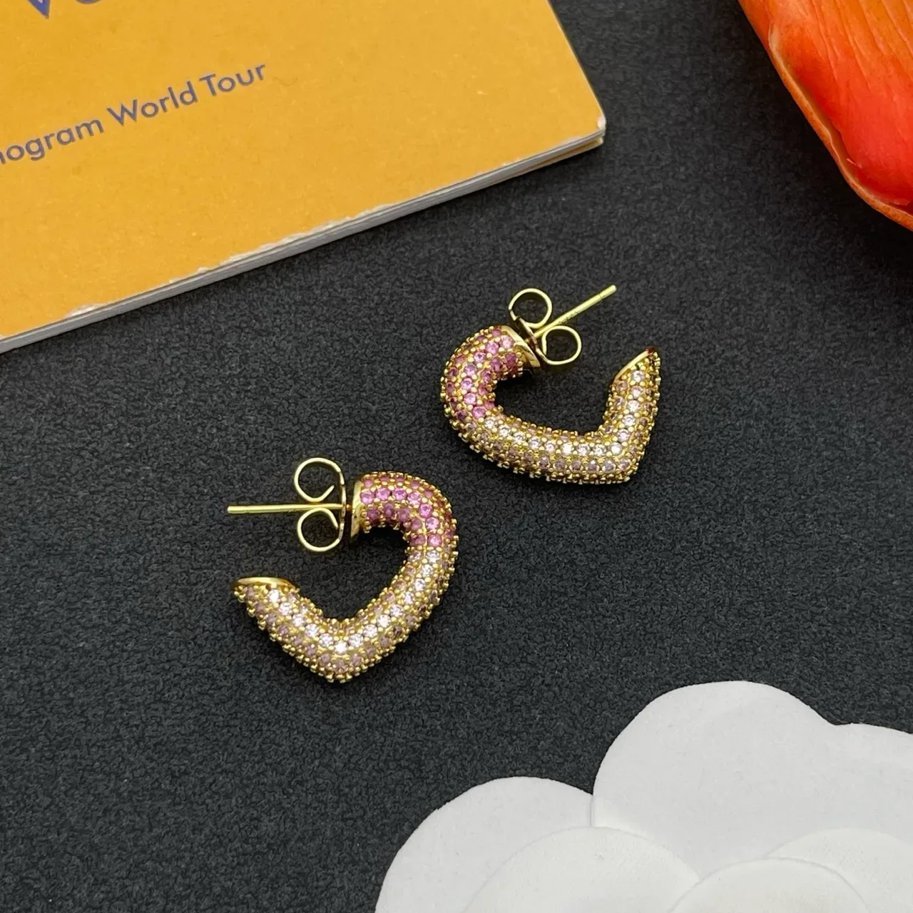 Gold-Tone Pave-Set Pink and Purple Crystal Curved C-Shaped Earrings 8