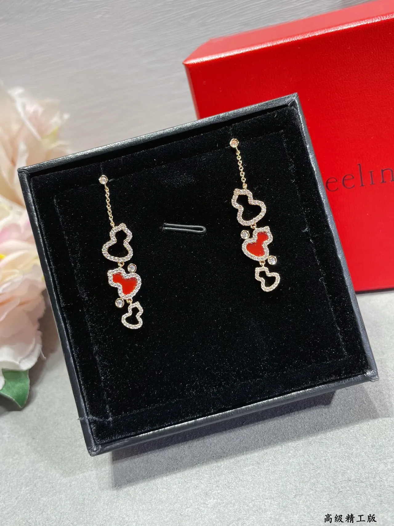 Gold-Tone Pavé-Set Red Enamel Heart Dangling Earrings 4
