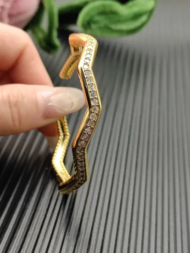 Gold-Tone Pavé Stone Rope-Edge Wave Cuff Bracelet 4