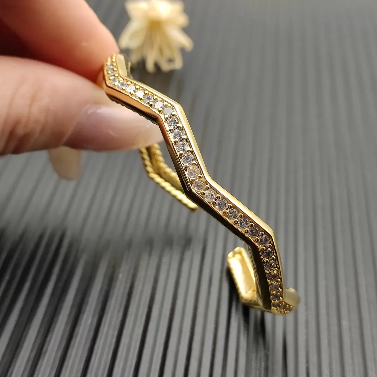 Gold-Tone Pavé Stone Rope-Edge Wave Cuff Bracelet 5