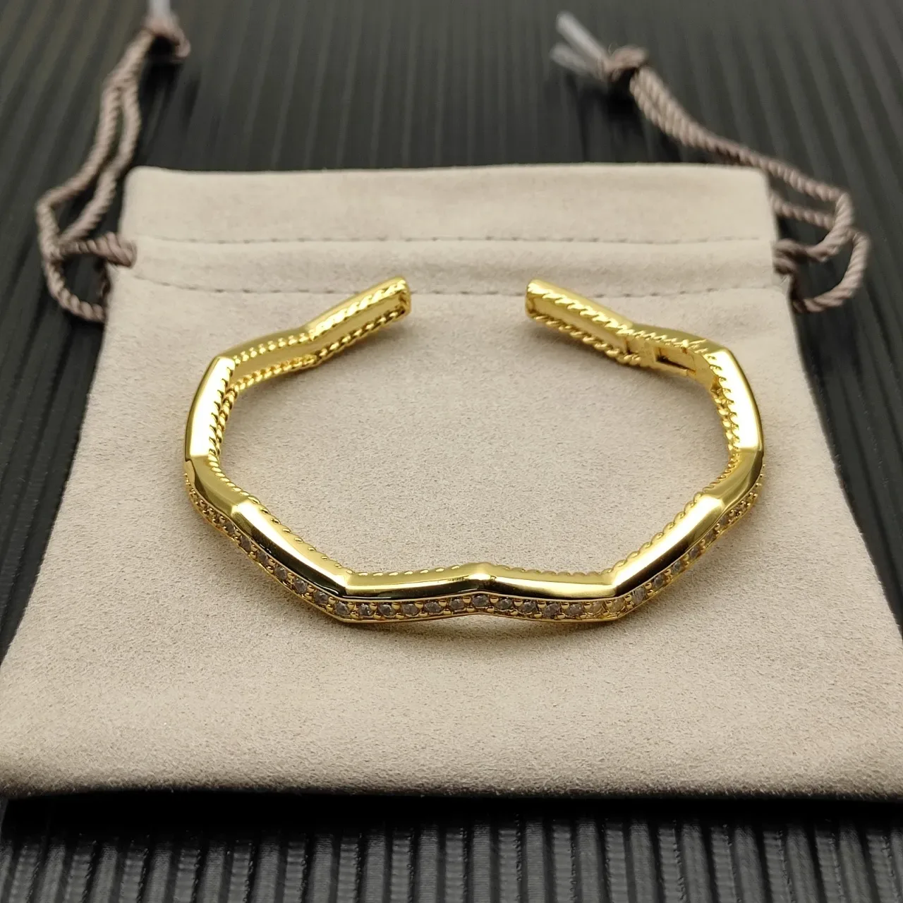Gold-Tone Pavé Stone Rope-Edge Wave Cuff Bracelet 7