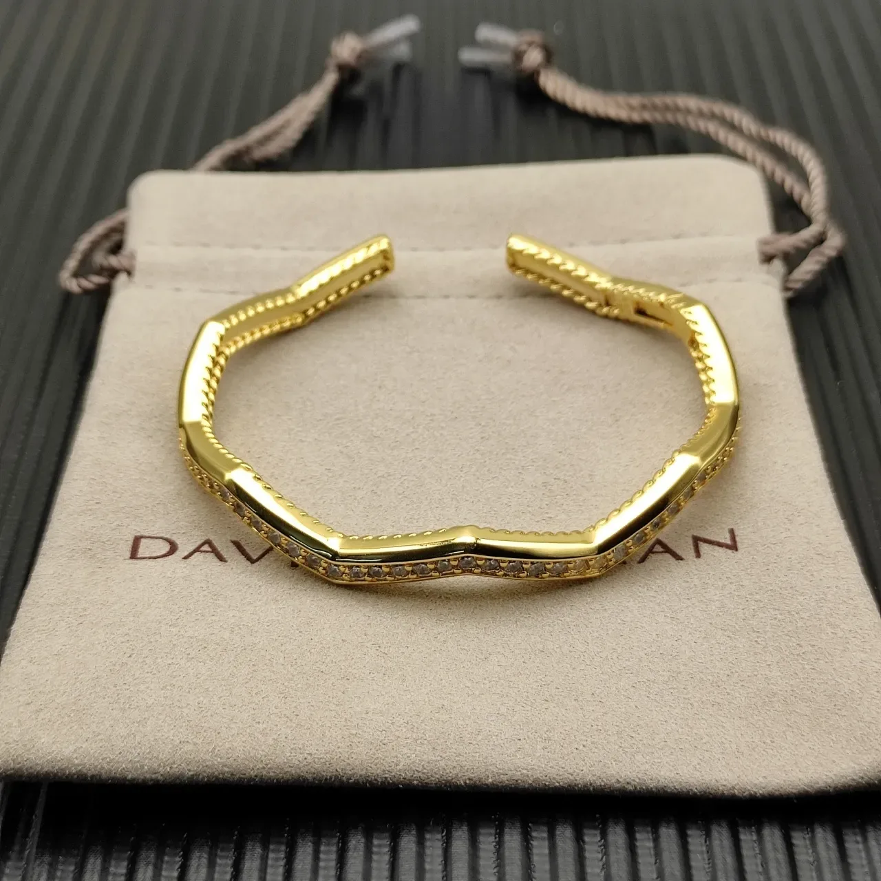 Gold-Tone Pavé Stone Rope-Edge Wave Cuff Bracelet 9