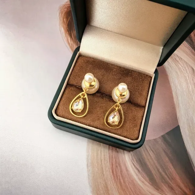 Gold-Tone Pearl and Teardrop Crystal Dual-Sided Dangle Earrings 2