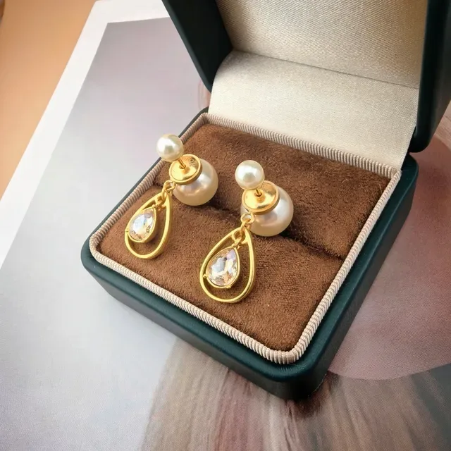 Gold-Tone Pearl and Teardrop Crystal Dual-Sided Dangle Earrings 7