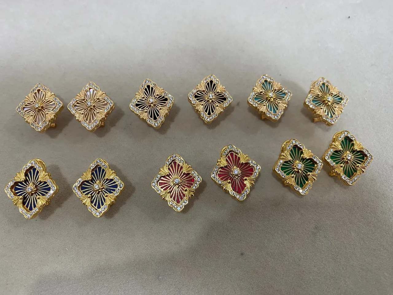 Gold-Tone Quatrefoil Floral Enamel and Crystal Earrings 7