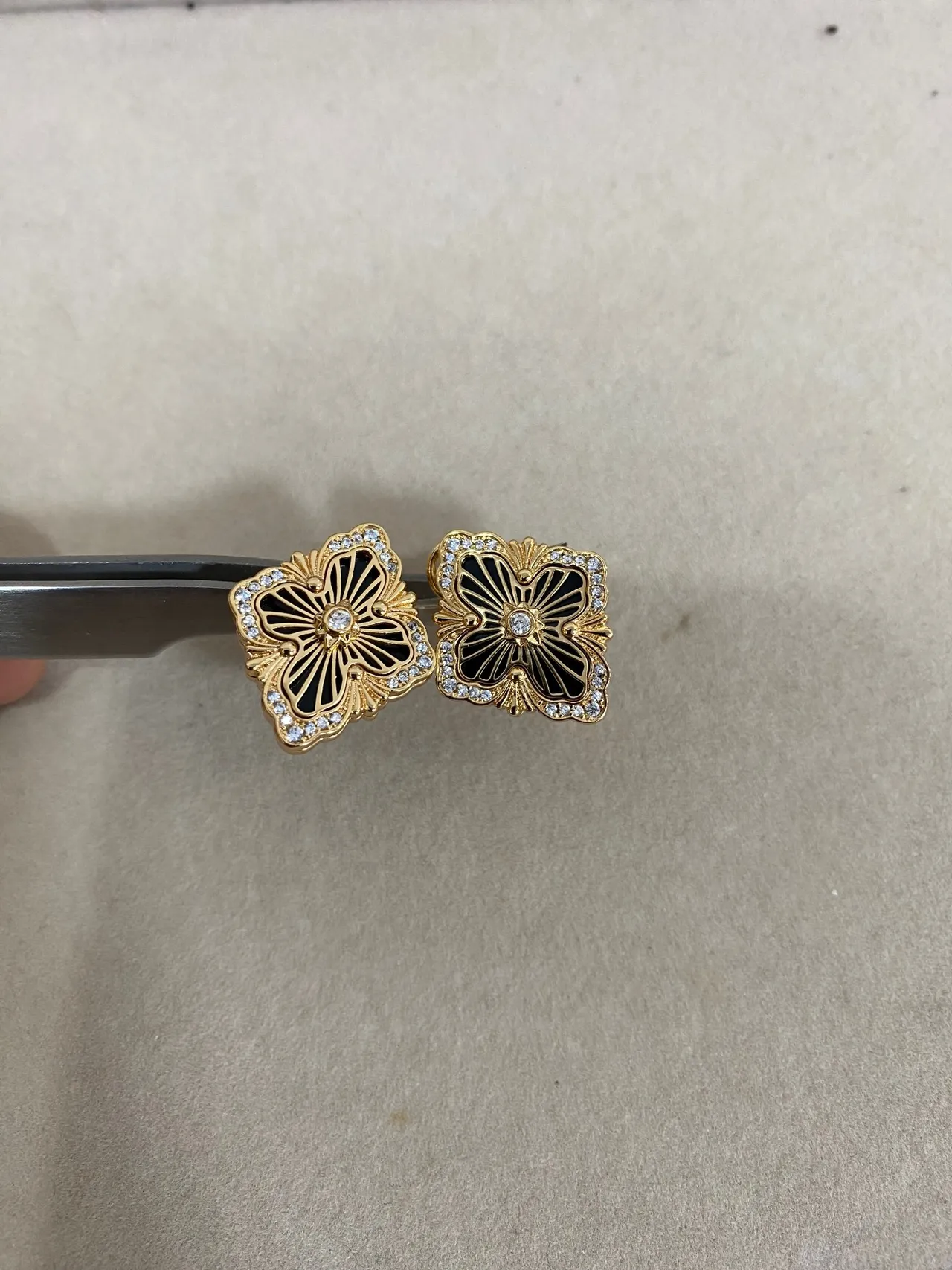 Gold-Tone Quatrefoil Floral Enamel and Crystal Earrings 2