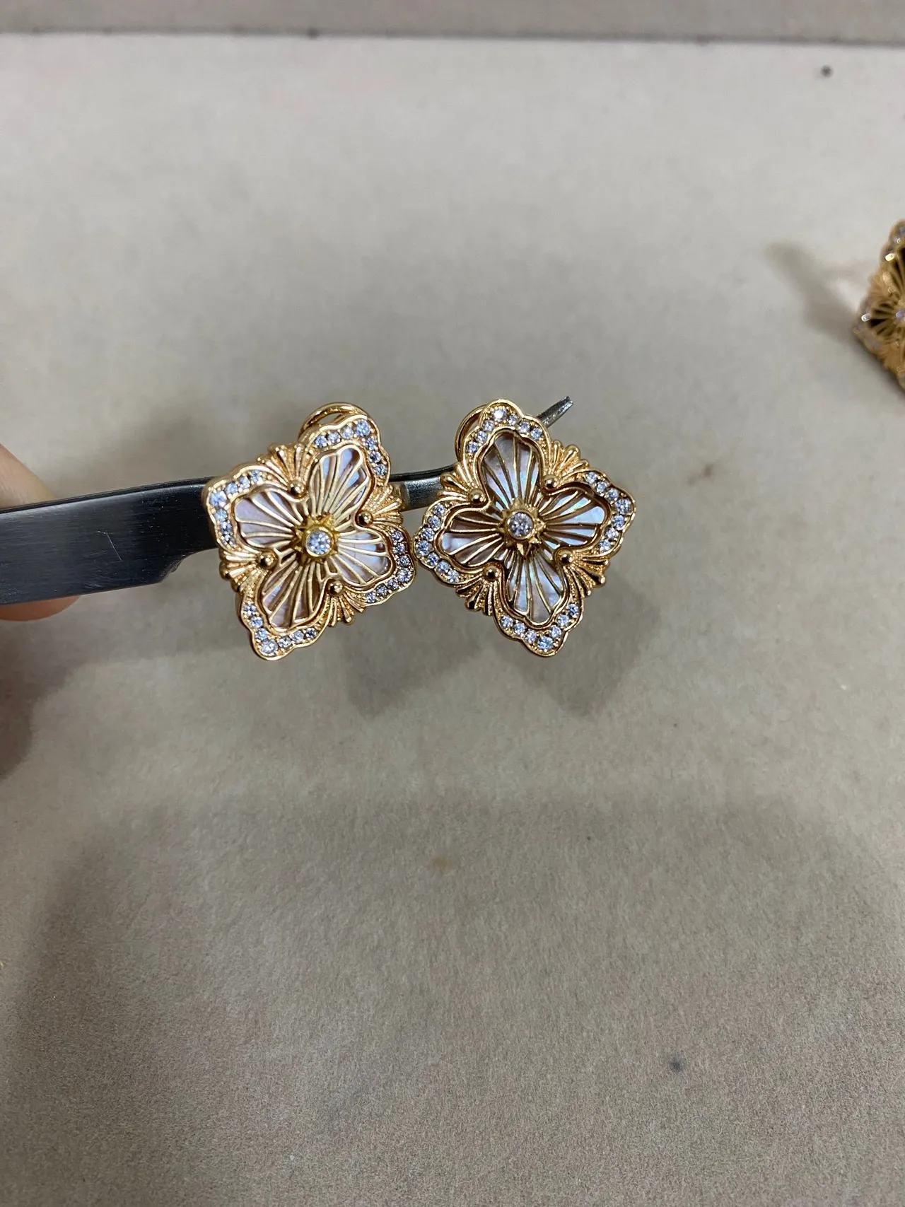Gold-Tone Quatrefoil Floral Enamel and Crystal Earrings 3