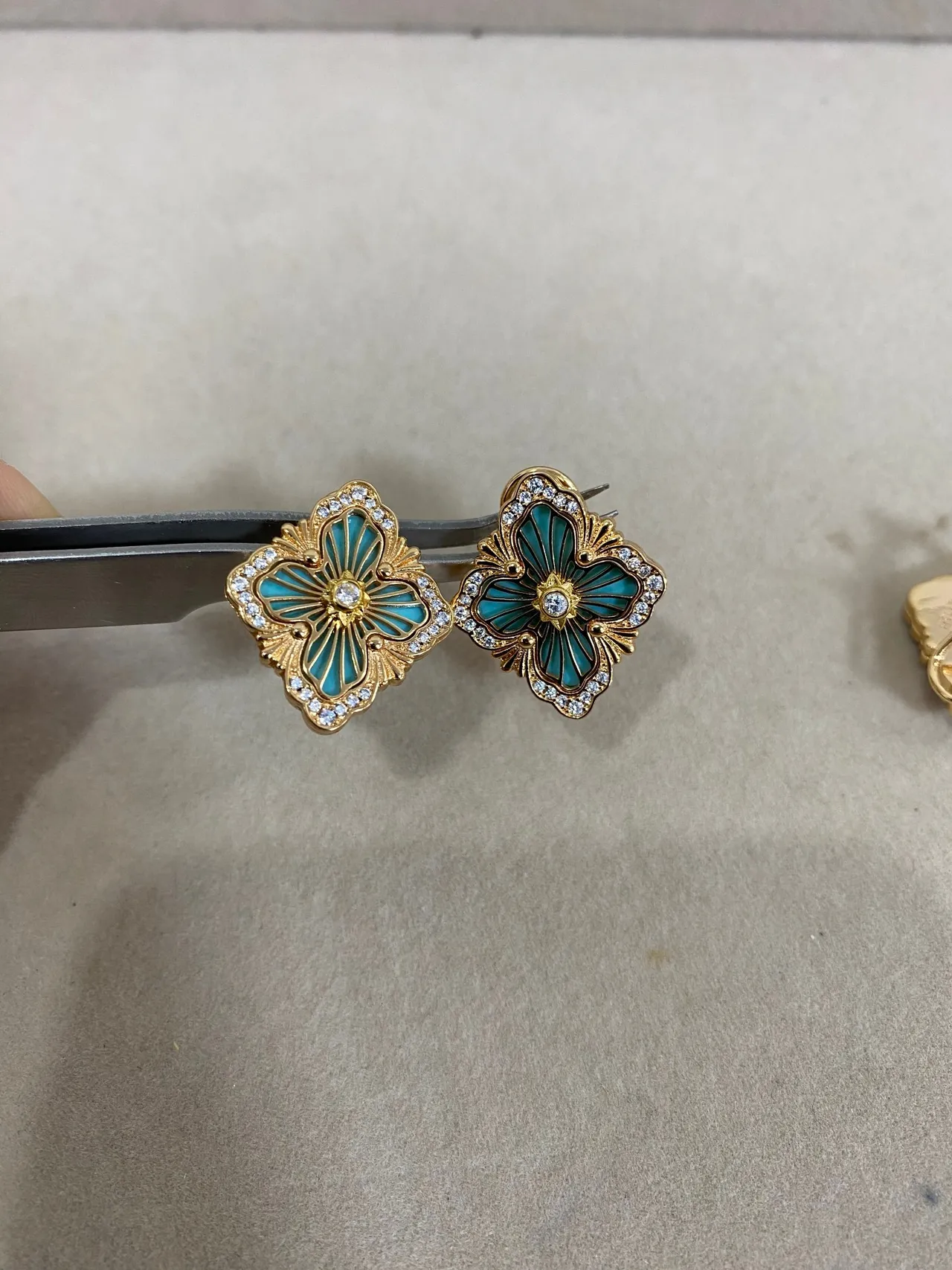 Gold-Tone Quatrefoil Floral Enamel and Crystal Earrings 9