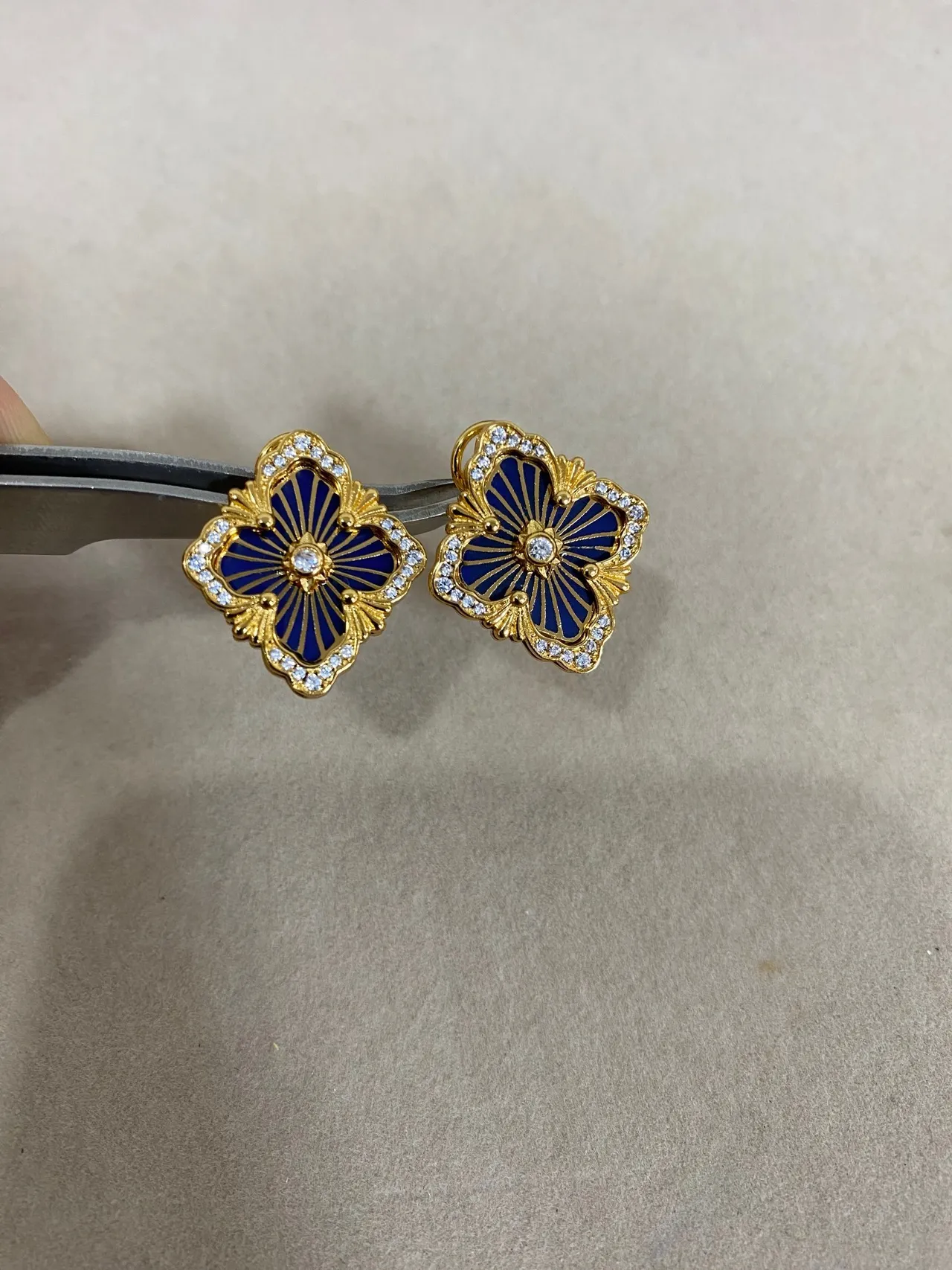 Gold-Tone Quatrefoil Floral Enamel and Crystal Earrings 4