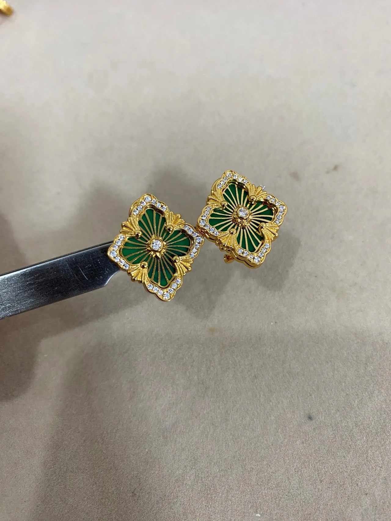 Gold-Tone Quatrefoil Floral Enamel and Crystal Earrings 5