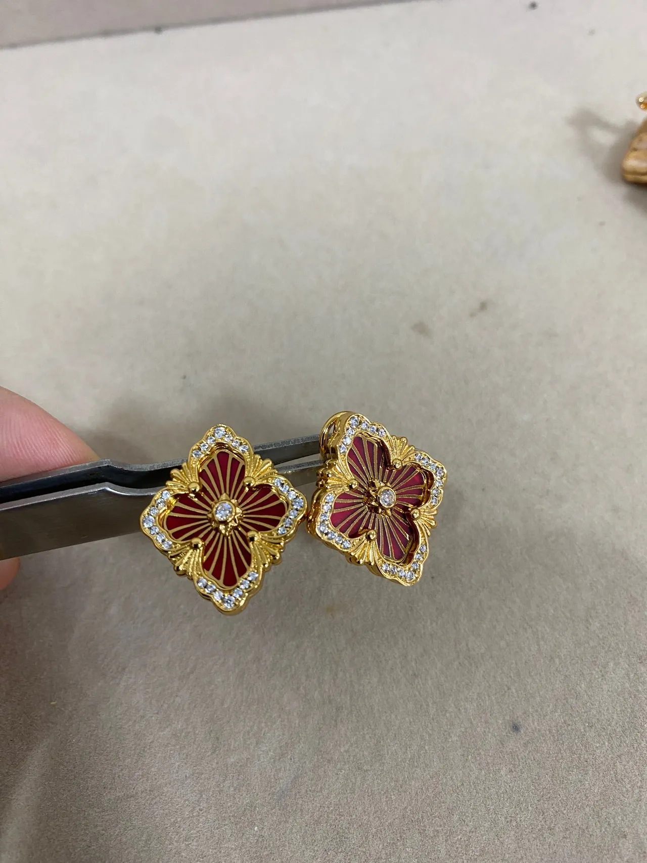 Gold-Tone Quatrefoil Floral Enamel and Crystal Earrings 6
