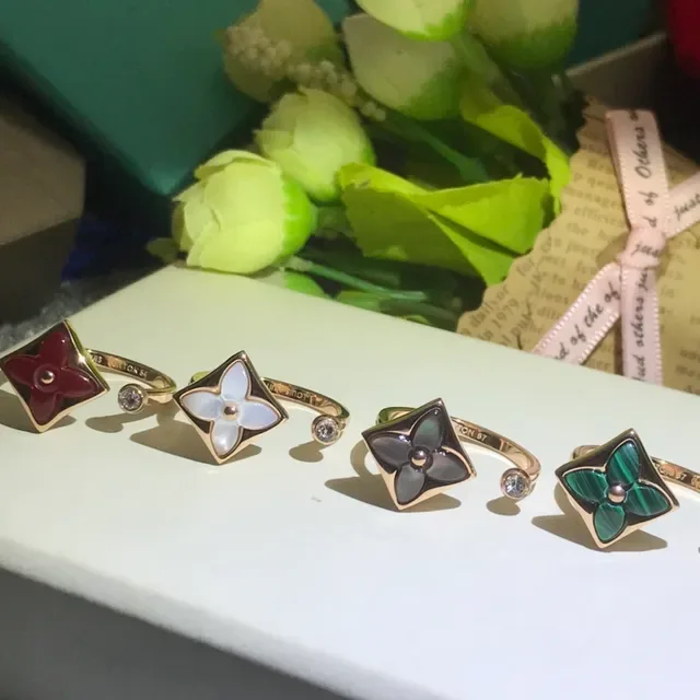 Gold-Tone Square Floral Inlay Open-Band Rings 2