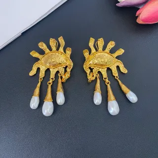 Gold-Tone Sun-Eye Motif Baroque Pearl Dangling Earrings