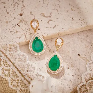 Gold-Tone Teardrop Green Gemstone Pave Halo Drop Earrings
