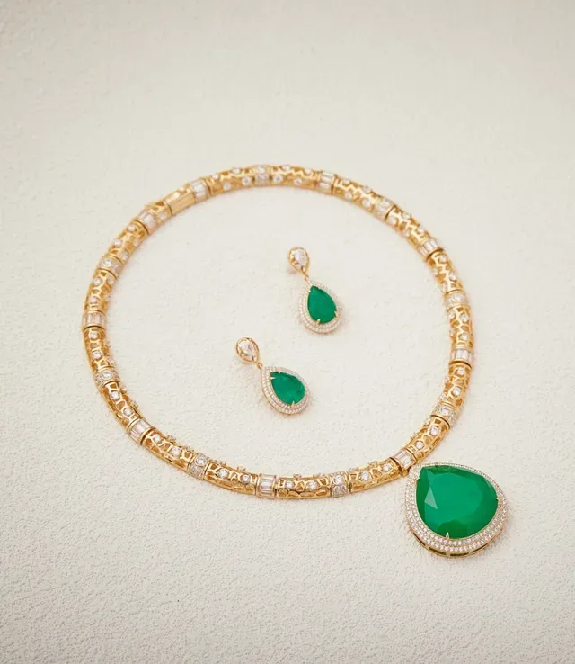 Gold-Tone Teardrop Green Gemstone Pave Halo Drop Earrings 2