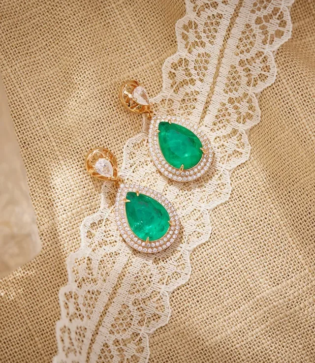 Gold-Tone Teardrop Green Gemstone Pave Halo Drop Earrings 4